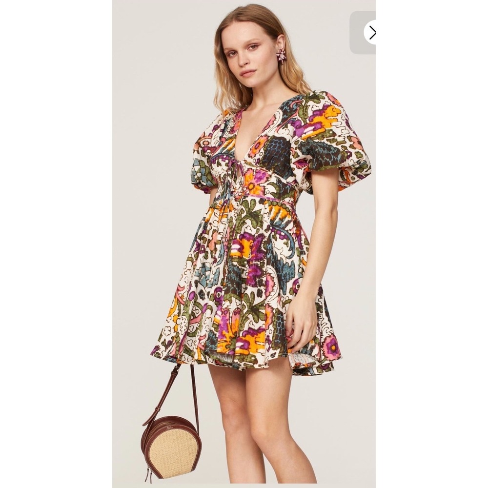 Anthropologie x Rhode Madeline Dress Multi Floral Puff Sleeve Mini V-Neck NWT